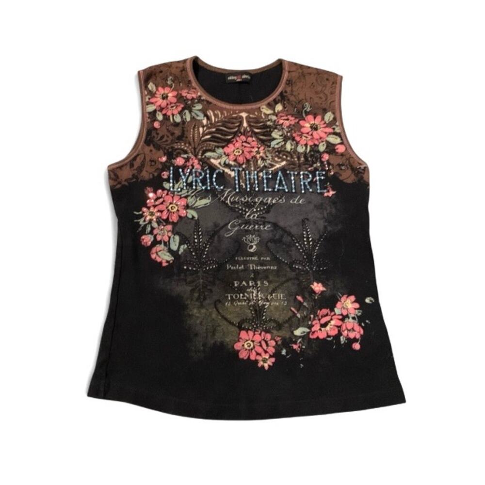 Skinny Minnie Y2K McBling Black Multicolor Floral Tank Top Small